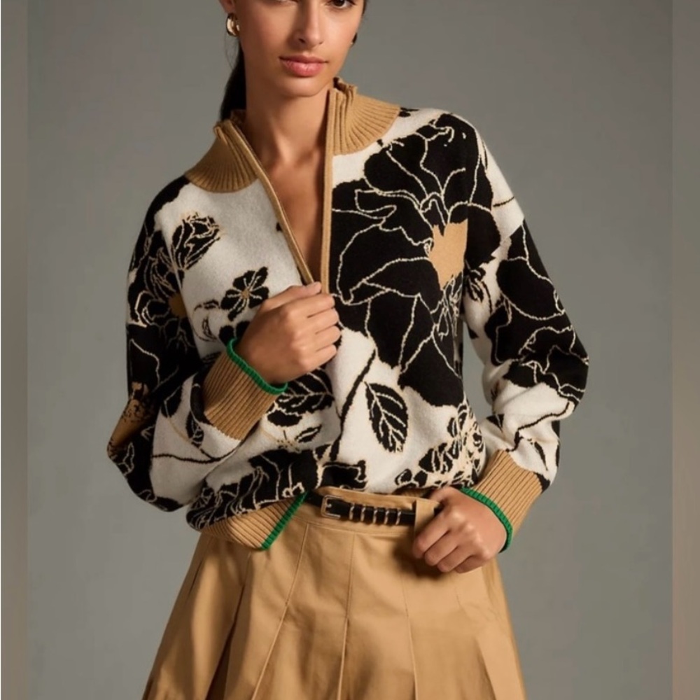 BNWT Anthropologie Maeve Montana Floral Sweater in Black and Tan